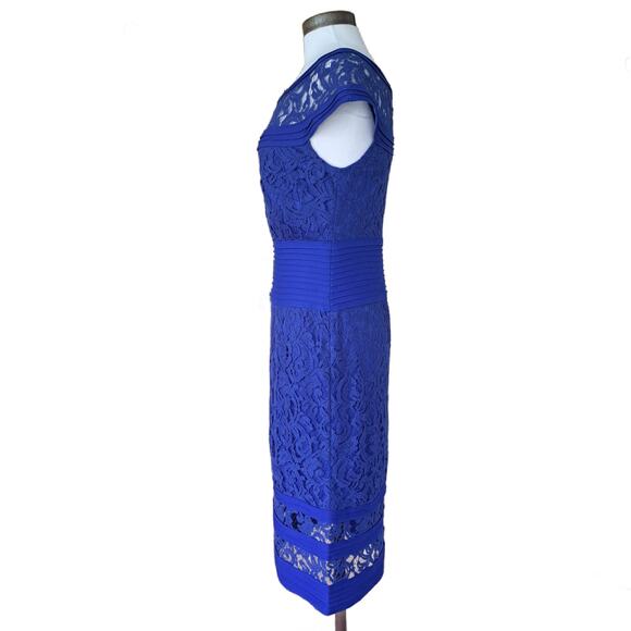 TADASHI SHOJI Blue Lace & Pintuck Bateau Neckline Sheath Dress Sz 10 Cocktail - Picture 5 of 11